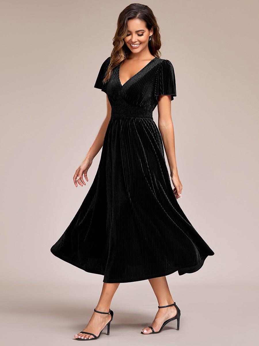 Delicate V-Neck A-Line Fall Velvet Wedding Guest Dress with Short Sleeves