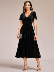 Delicate V-Neck A-Line Fall Velvet Wedding Guest Dress with Short Sleeves