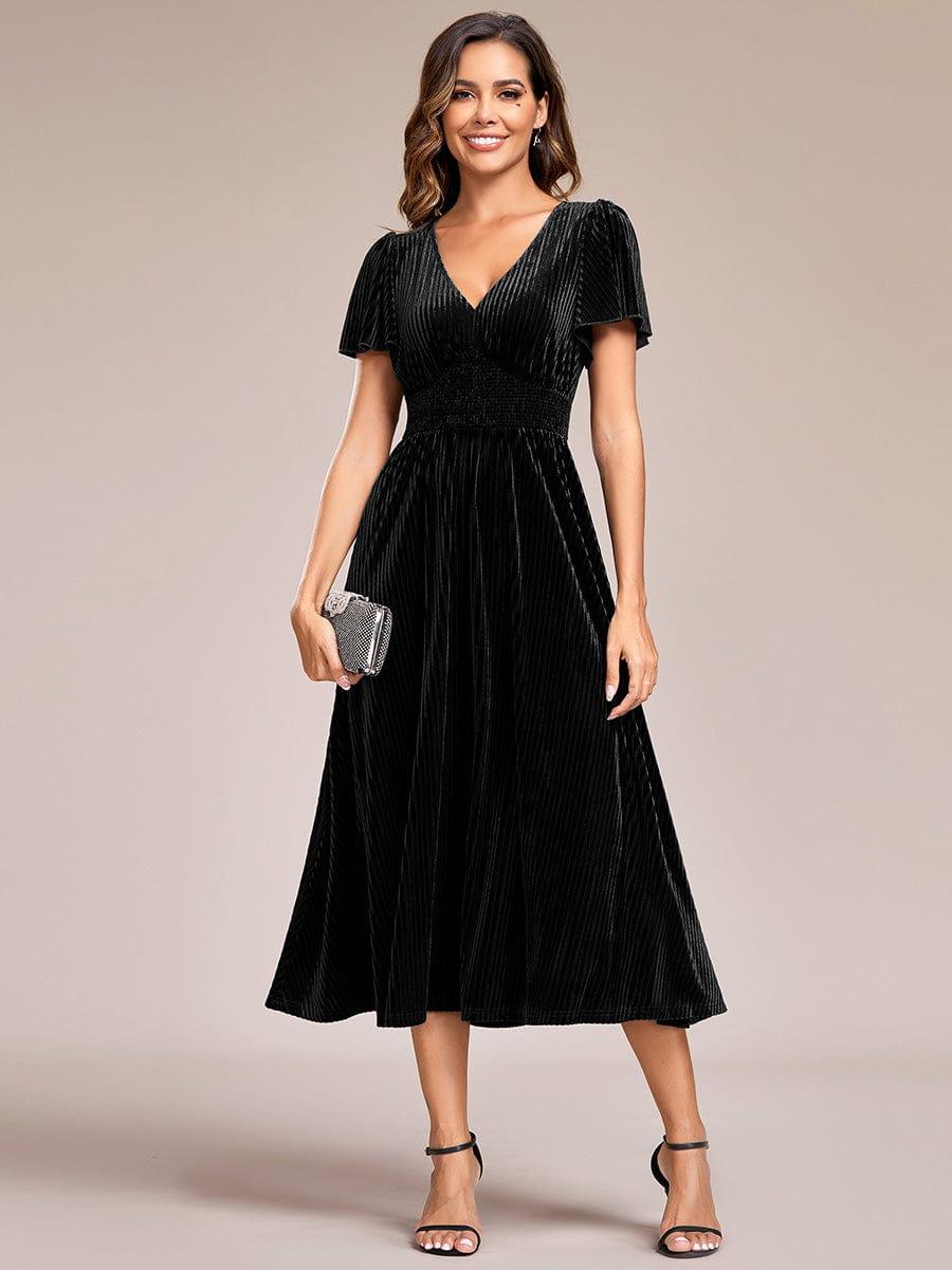 Delicate V-Neck A-Line Fall Velvet Wedding Guest Dress with Short Sleeves