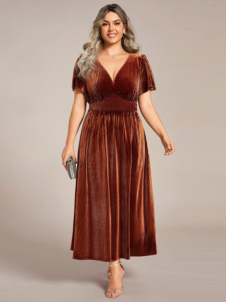 Delicate V-Neck A-Line Fall Velvet Wedding Guest Dress with Short Sleeves
