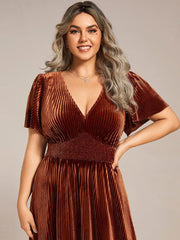 Delicate V-Neck A-Line Fall Velvet Wedding Guest Dress with Short Sleeves