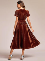 Delicate V-Neck A-Line Fall Velvet Wedding Guest Dress with Short Sleeves