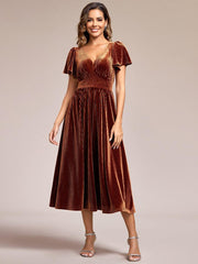 Delicate V-Neck A-Line Fall Velvet Wedding Guest Dress with Short Sleeves
