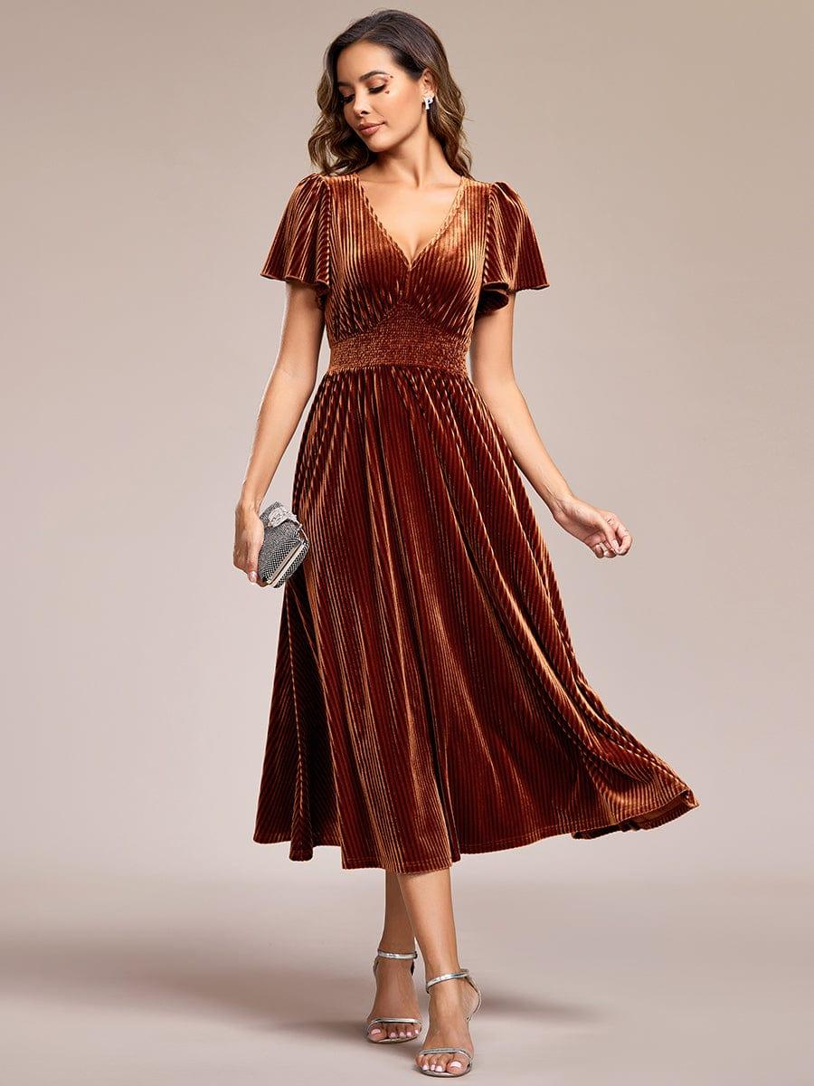 Delicate V-Neck A-Line Fall Velvet Wedding Guest Dress with Short Sleeves