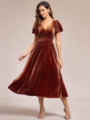 Delicate V-Neck A-Line Fall Velvet Wedding Guest Dress with Short Sleeves