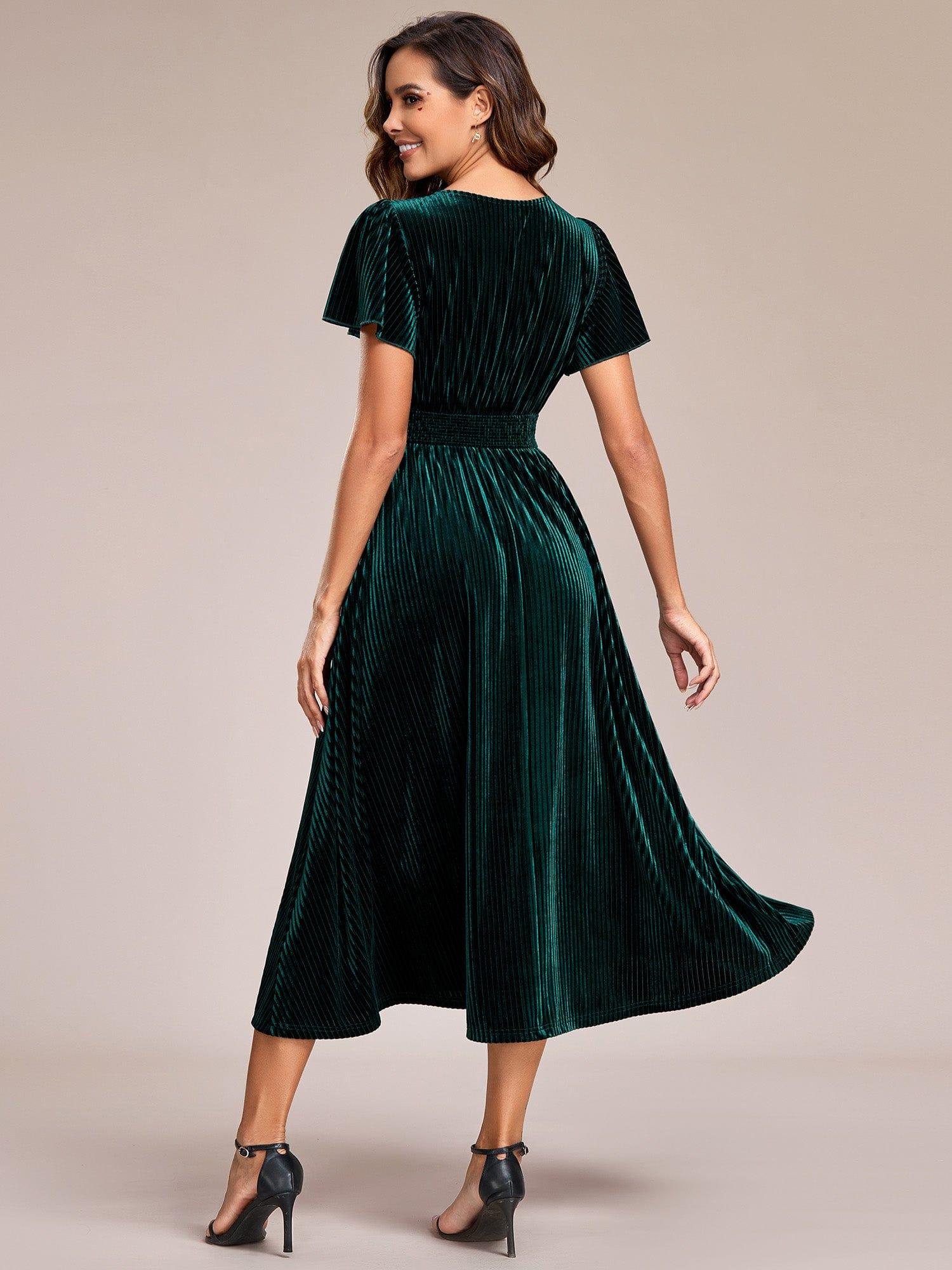 Delicate V-Neck A-Line Fall Velvet Wedding Guest Dress with Short Sleeves
