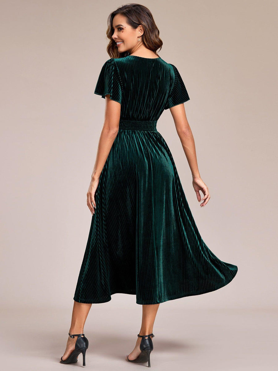 Delicate V-Neck A-Line Fall Velvet Wedding Guest Dress with Short Sleeves