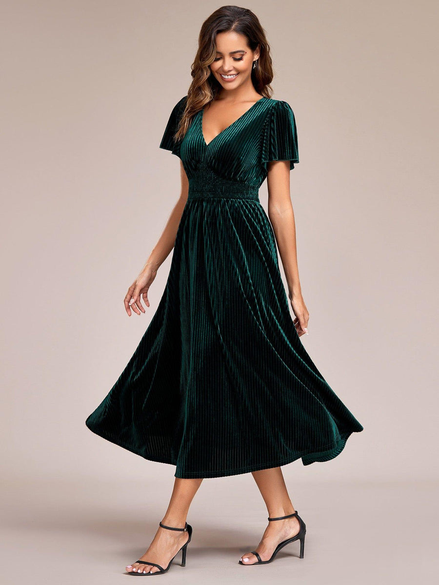 Delicate V-Neck A-Line Fall Velvet Wedding Guest Dress with Short Sleeves