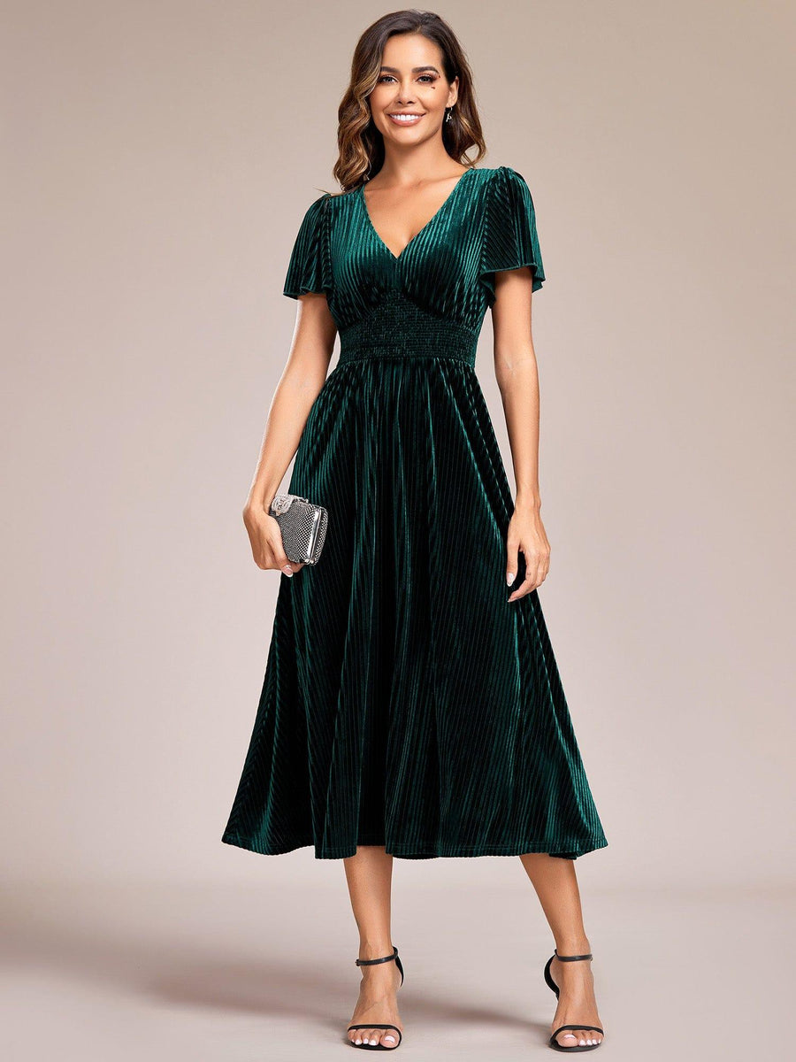 Delicate V-Neck A-Line Fall Velvet Wedding Guest Dress with Short Sleeves