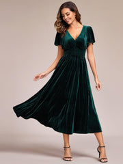 Delicate V-Neck A-Line Fall Velvet Wedding Guest Dress with Short Sleeves