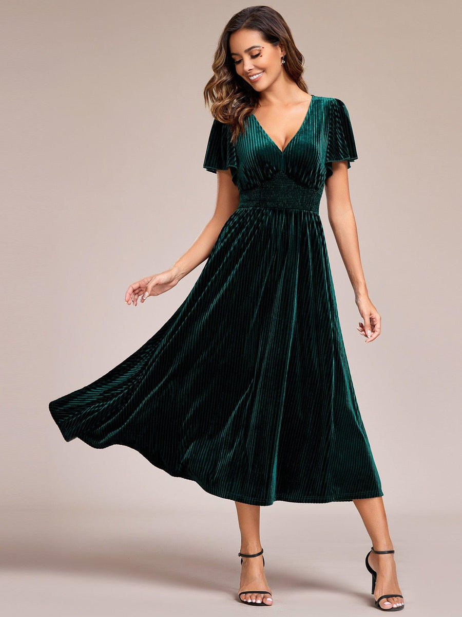 Delicate V-Neck A-Line Fall Velvet Wedding Guest Dress with Short Sleeves