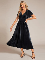Delicate V-Neck A-Line Fall Velvet Wedding Guest Dress with Short Sleeves
