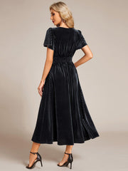 Delicate V-Neck A-Line Fall Velvet Wedding Guest Dress with Short Sleeves
