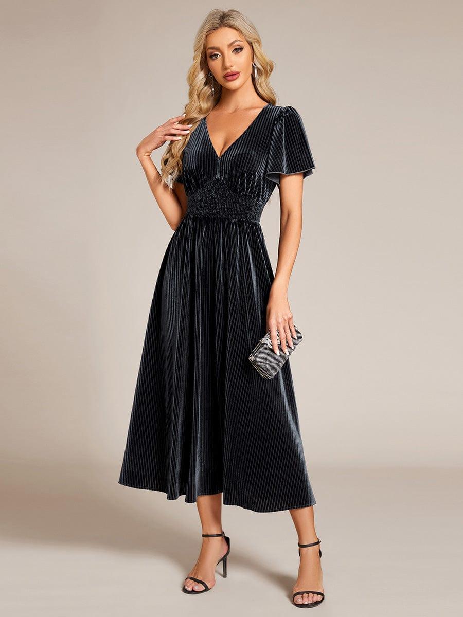 Delicate V-Neck A-Line Fall Velvet Wedding Guest Dress with Short Sleeves