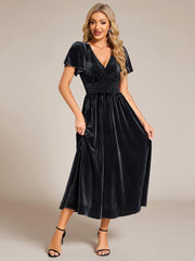 Delicate V-Neck A-Line Fall Velvet Wedding Guest Dress with Short Sleeves