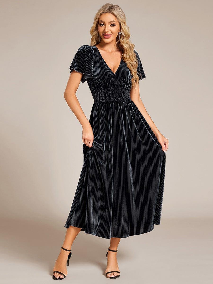 Delicate V-Neck A-Line Fall Velvet Wedding Guest Dress with Short Sleeves