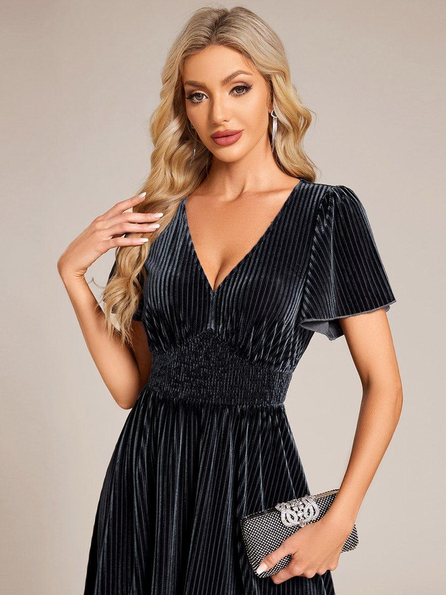Delicate V-Neck A-Line Fall Velvet Wedding Guest Dress with Short Sleeves
