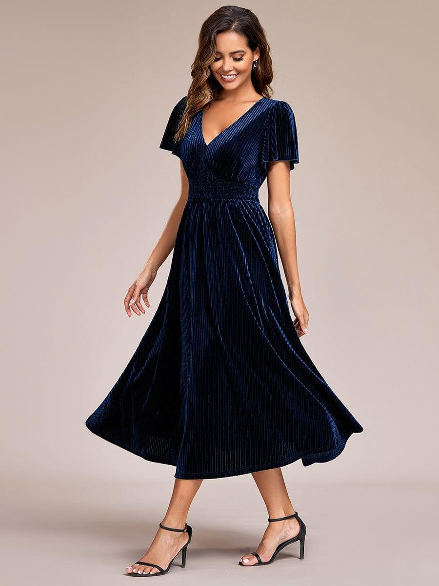Delicate V-Neck A-Line Fall Velvet Wedding Guest Dress with Short Sleeves