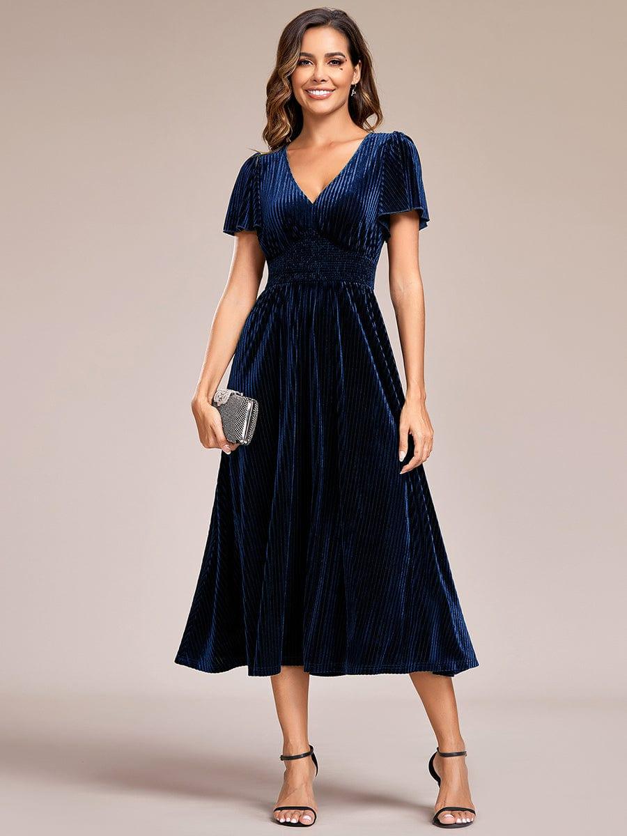 Delicate V-Neck A-Line Fall Velvet Wedding Guest Dress with Short Sleeves