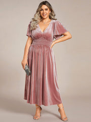 Delicate V-Neck A-Line Fall Velvet Wedding Guest Dress with Short Sleeves