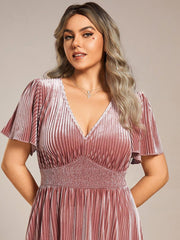 Delicate V-Neck A-Line Fall Velvet Wedding Guest Dress with Short Sleeves