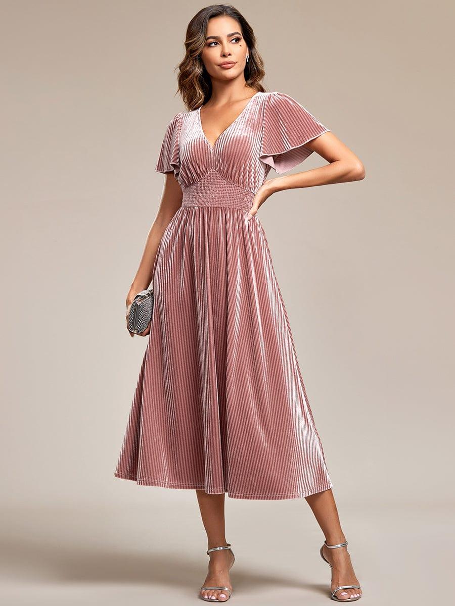 Delicate V-Neck A-Line Fall Velvet Wedding Guest Dress with Short Sleeves