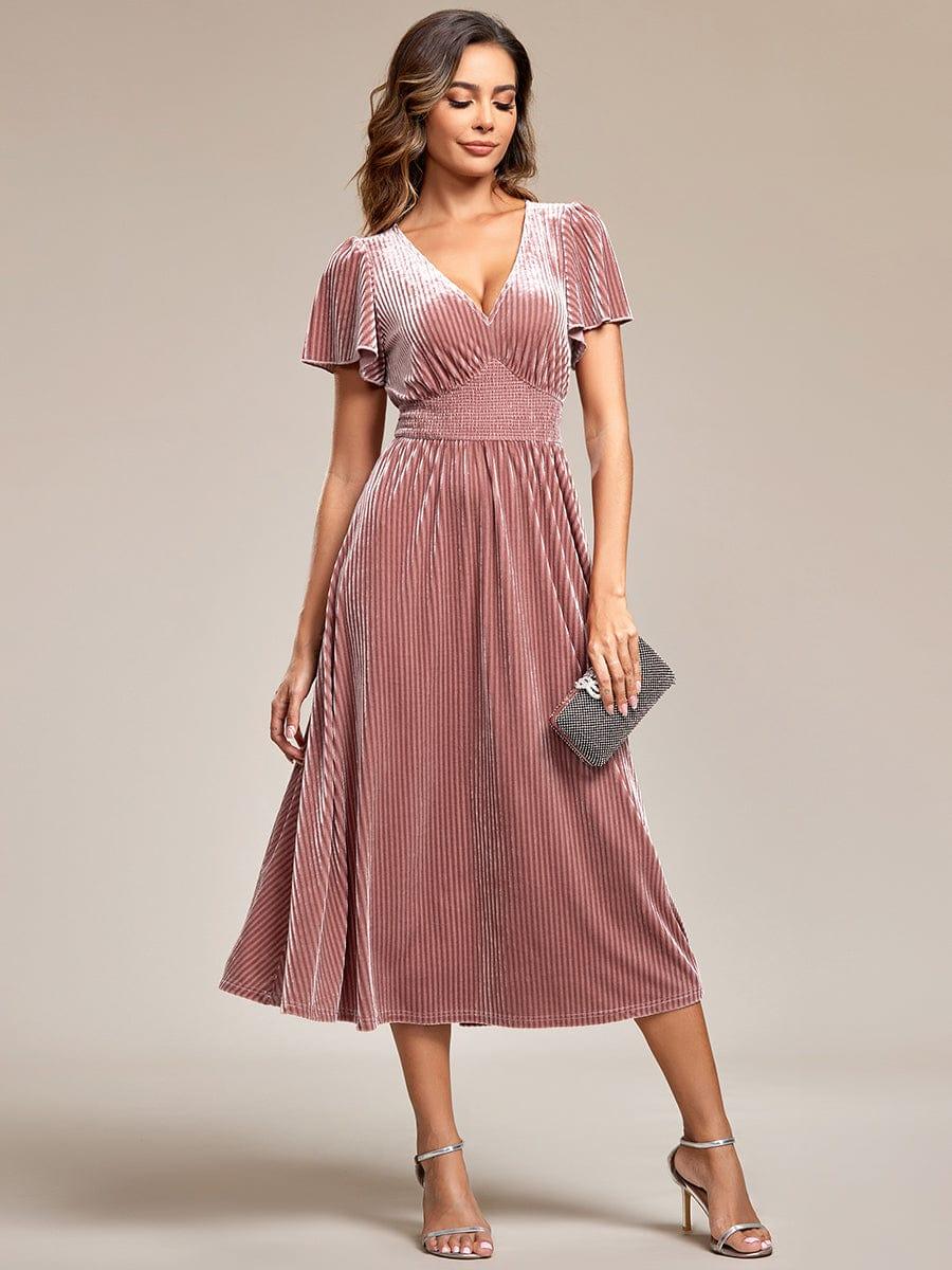 Delicate V-Neck A-Line Fall Velvet Wedding Guest Dress with Short Sleeves