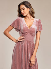Delicate V-Neck A-Line Fall Velvet Wedding Guest Dress with Short Sleeves