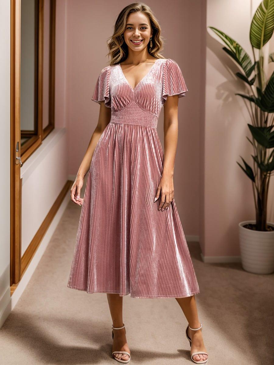 Delicate V-Neck A-Line Fall Velvet Wedding Guest Dress with Short Sleeves