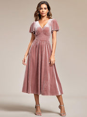 Delicate V-Neck A-Line Fall Velvet Wedding Guest Dress with Short Sleeves