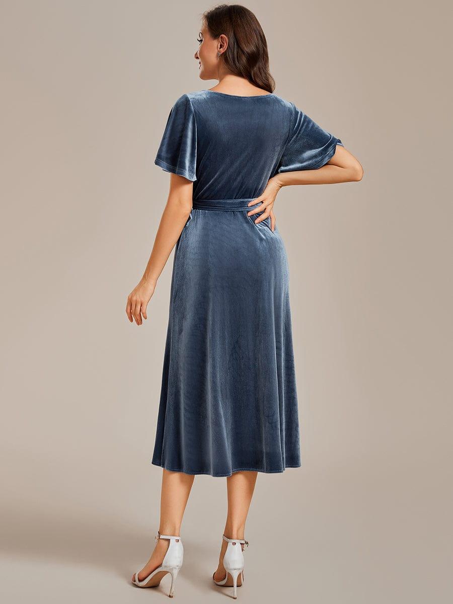 Trendy V-Neck Velvet Midi Wedding Guest Dress with Short Sleeves
