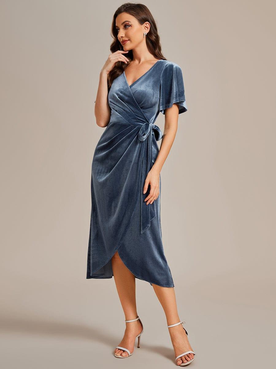 Trendy V-Neck Velvet Midi Wedding Guest Dress with Short Sleeves