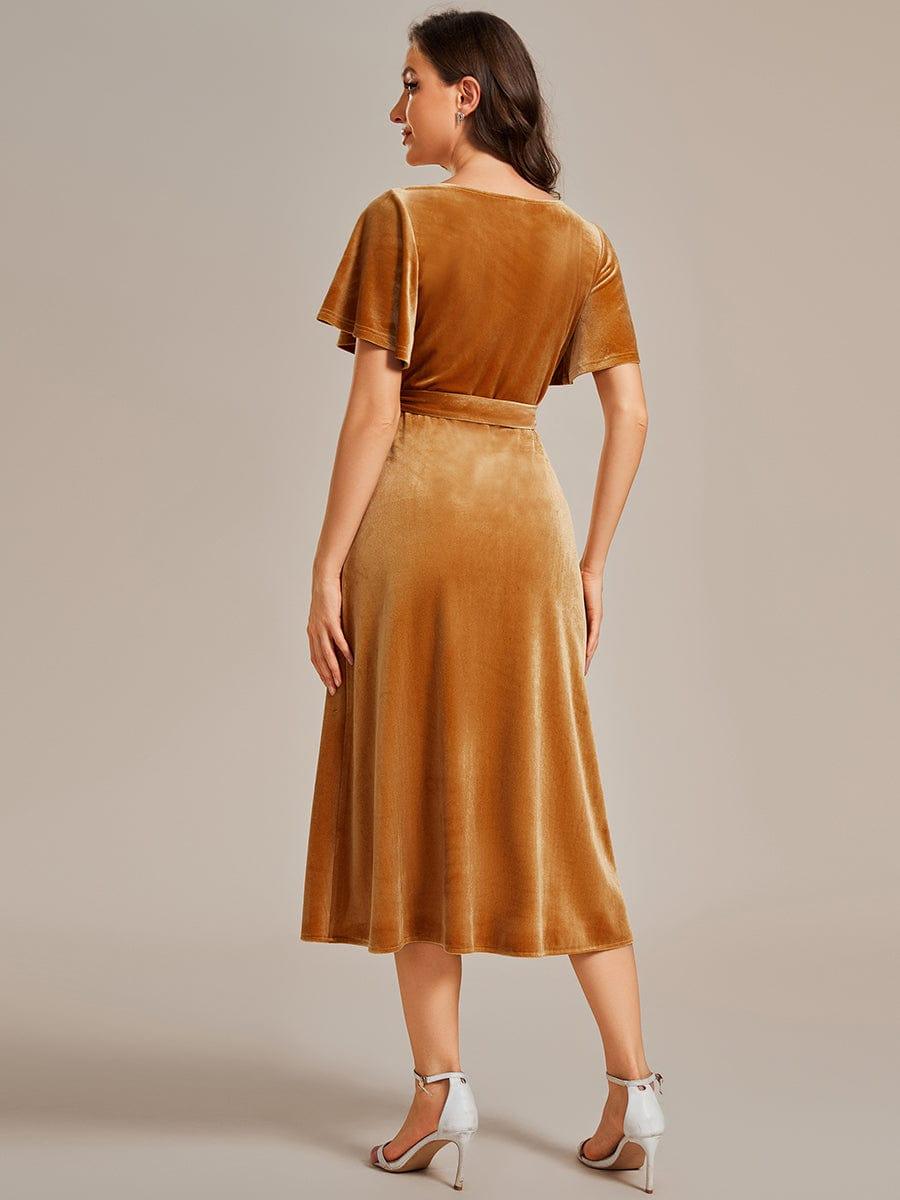 Trendy V-Neck Velvet Midi Wedding Guest Dress with Short Sleeves