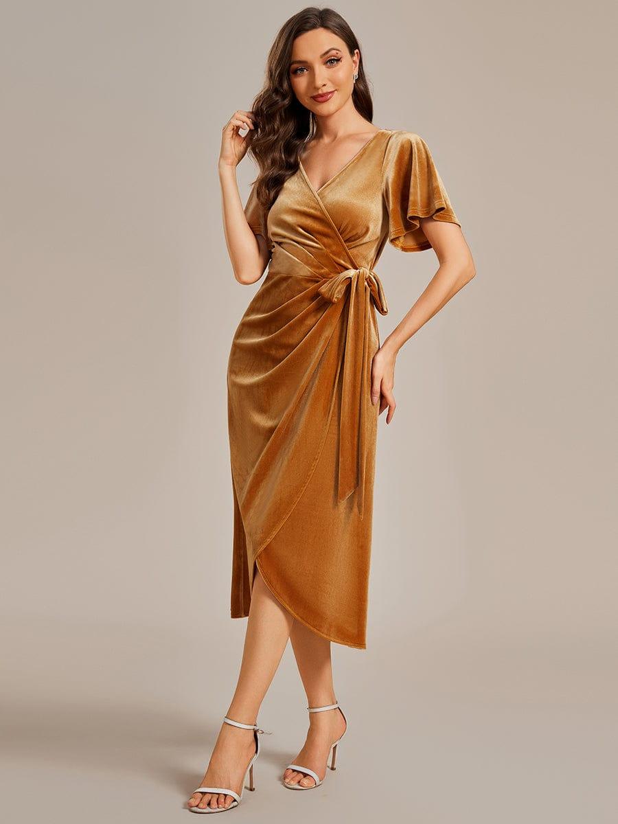 Trendy V-Neck Velvet Midi Wedding Guest Dress with Short Sleeves