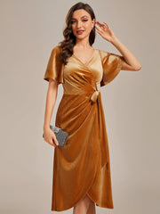 Trendy V-Neck Velvet Midi Wedding Guest Dress with Short Sleeves