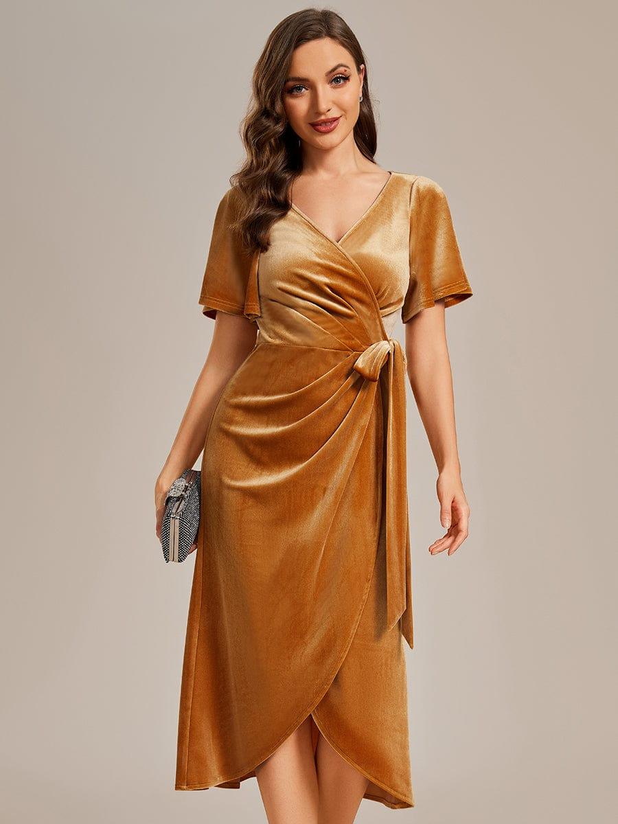 Trendy V-Neck Velvet Midi Wedding Guest Dress with Short Sleeves