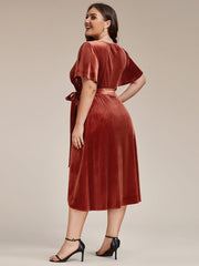 Enchanting Plus Size V-Neck Velvet Wedding Guest Dress with Short Sleeves