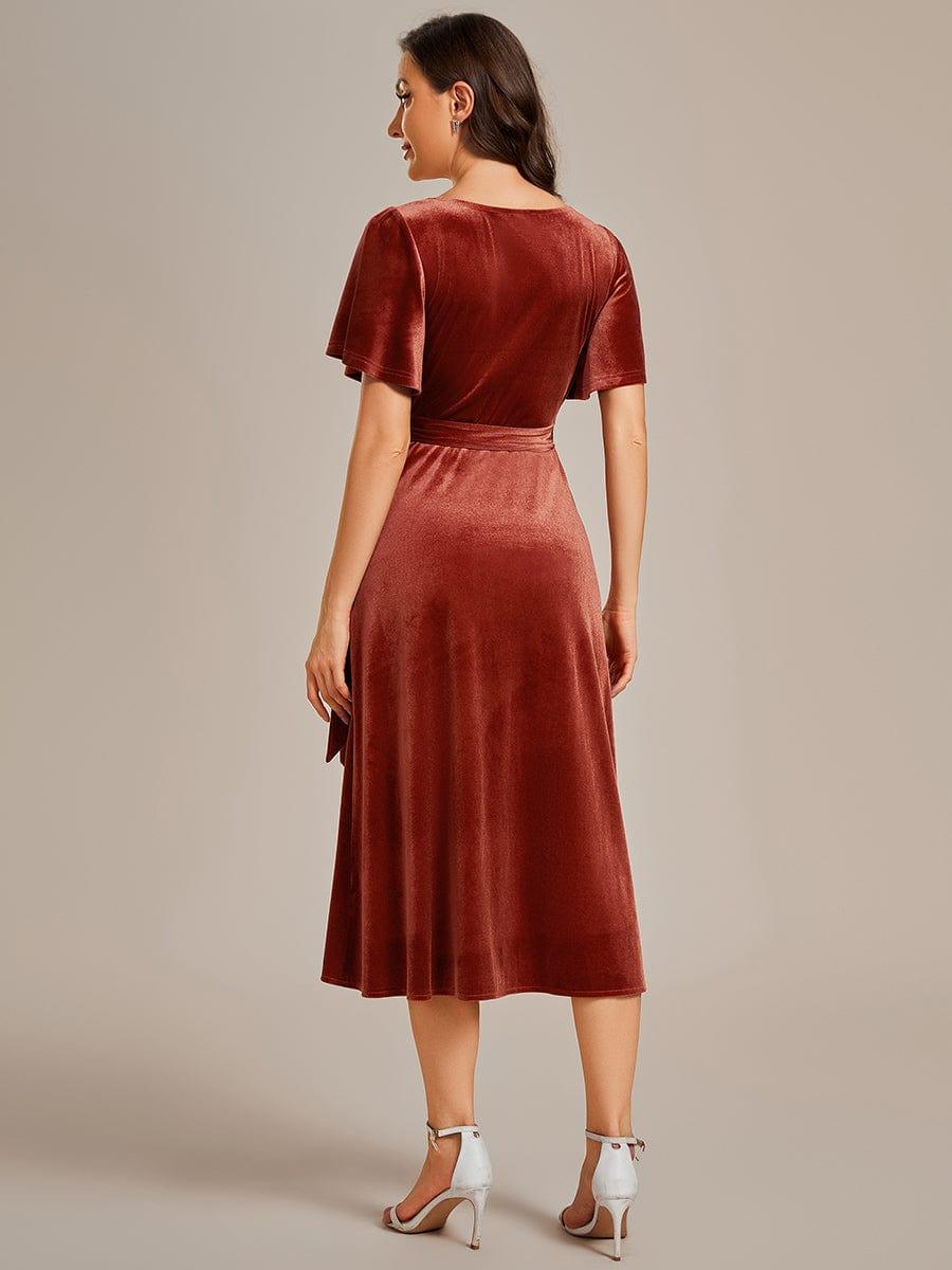 Trendy V-Neck Velvet Midi Wedding Guest Dress with Short Sleeves