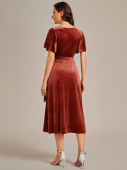 Trendy V-Neck Velvet Midi Wedding Guest Dress with Short Sleeves