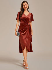 Trendy V-Neck Velvet Midi Wedding Guest Dress with Short Sleeves
