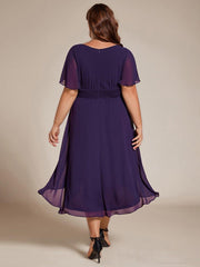 Modern Plus Size  A-Line Midi Chiffon Wedding Guest Dress with Jewel Neck