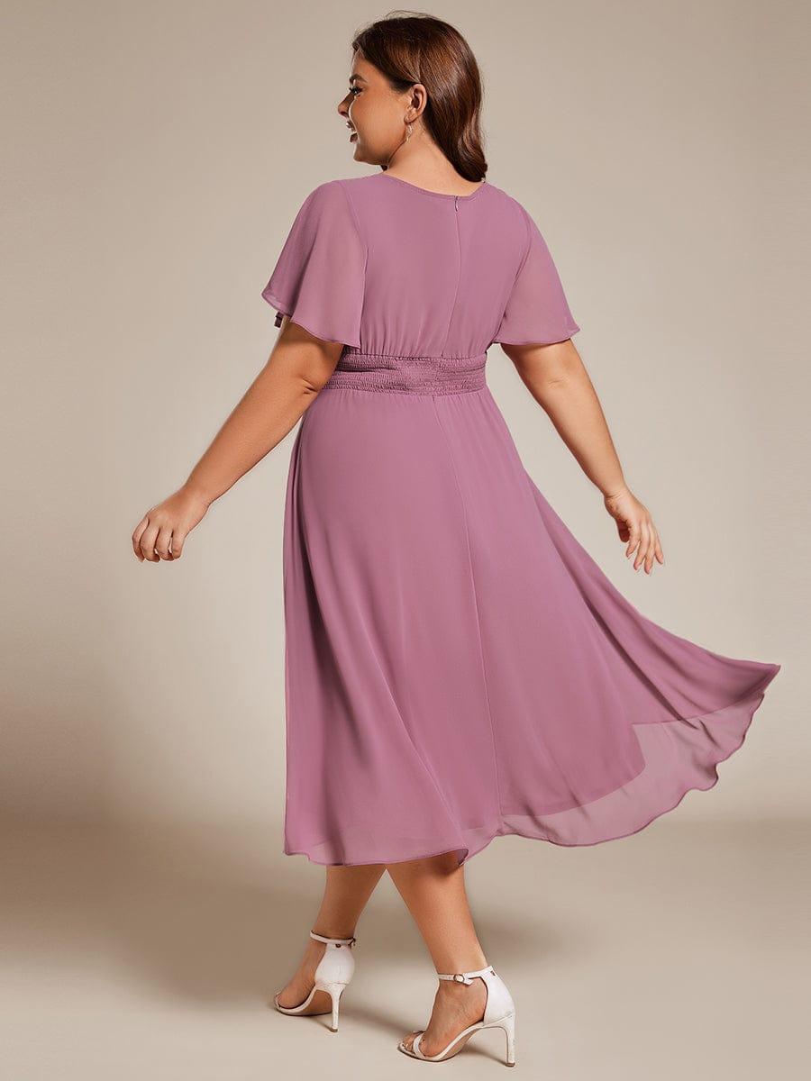 Modern Plus Size  A-Line Midi Chiffon Wedding Guest Dress with Jewel Neck