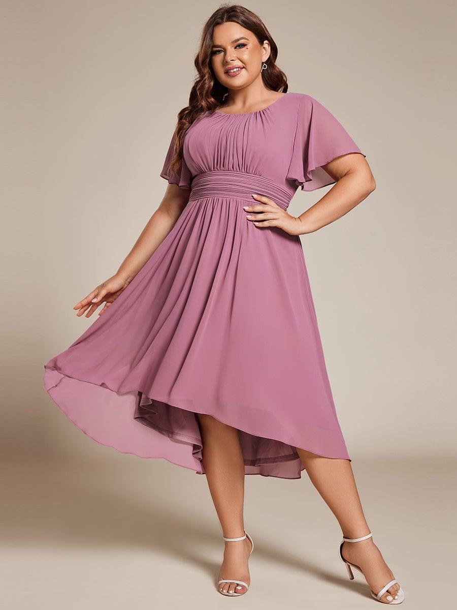 Modern Plus Size  A-Line Midi Chiffon Wedding Guest Dress with Jewel Neck