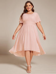 Modern Plus Size  A-Line Midi Chiffon Wedding Guest Dress with Jewel Neck