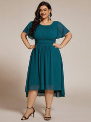 Modern Plus Size  A-Line Midi Chiffon Wedding Guest Dress with Jewel Neck