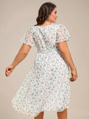 Modern Plus Size  A-Line Midi Chiffon Wedding Guest Dress with Jewel Neck