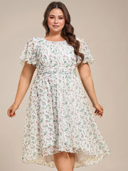 Modern Plus Size  A-Line Midi Chiffon Wedding Guest Dress with Jewel Neck