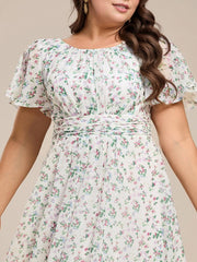 Modern Plus Size  A-Line Midi Chiffon Wedding Guest Dress with Jewel Neck