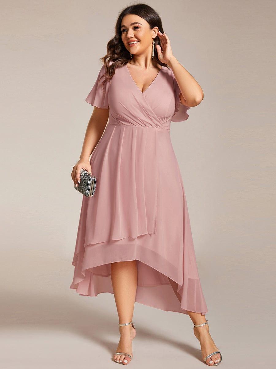 Exquisite Ruffles Sleeves V-Neck A-Line Chiffon Wedding Guest Dress