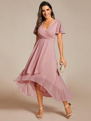 Exquisite Ruffles Sleeves V-Neck A-Line Chiffon Wedding Guest Dress